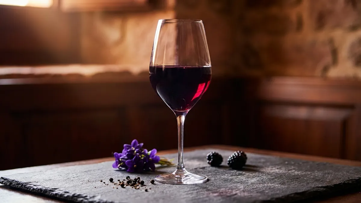 A glass of inky purple-black Graciano wine on a dark slate surface with fresh violets and crushed black peppercorns scattered nearby