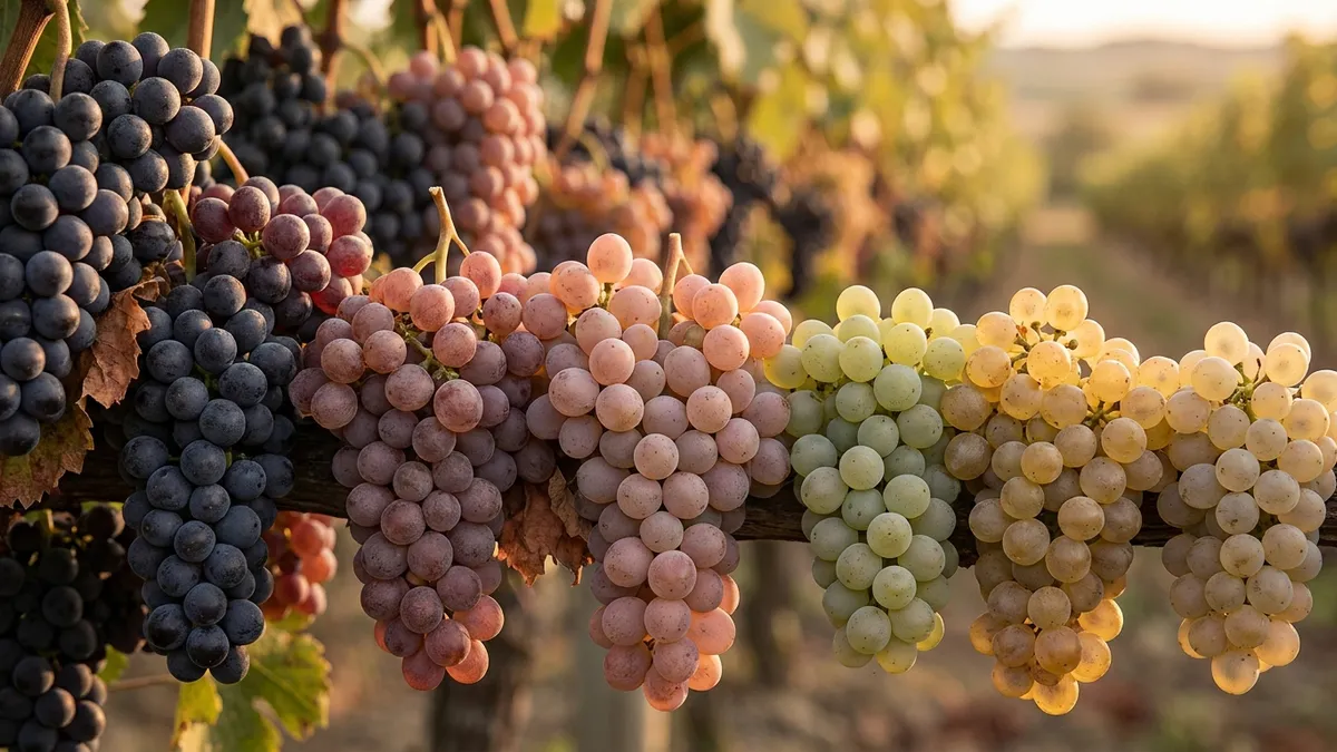 A vineyard row at harvest showing clusters that range from deep purple-black through dusty pink to pale green, illustrating how berry color is lost through mutation