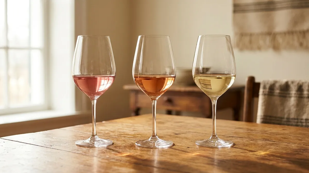 Three wine glasses side by side holding a pale ruby Pinot Noir, a coppery-gold Pinot Gris, and a pale straw Pinot Blanc, showing how one mutated grape family spans red to white