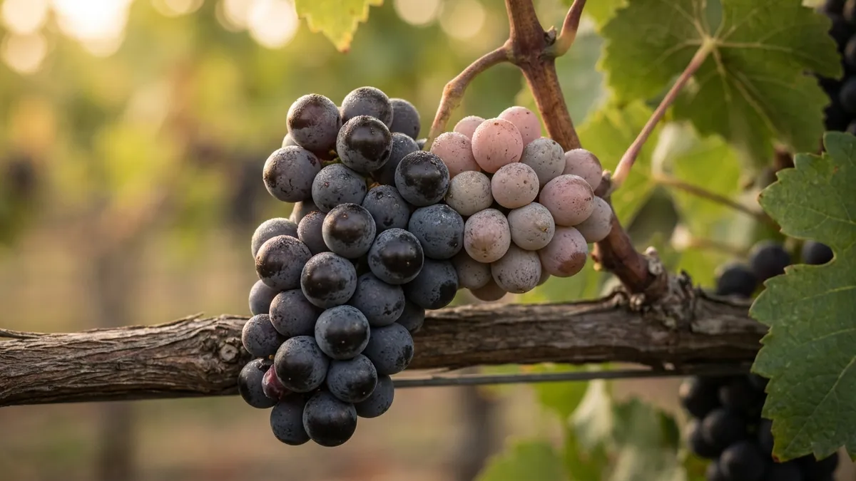A close-up of a single grapevine cane bearing one cluster of dark blue-black Pinot Noir berries beside a cluster of pale grey-pink mutated berries on the same shoot