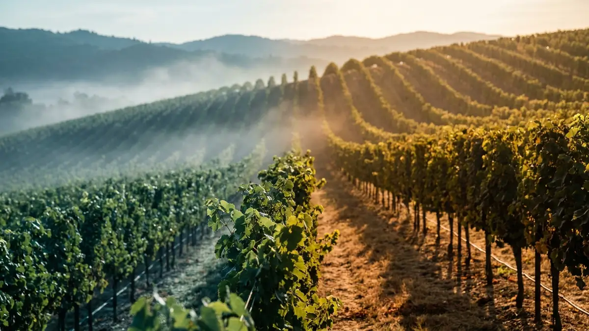 A vineyard split between a cool, misty hillside and a warm, sun-drenched valley showing how climate shapes the same grape