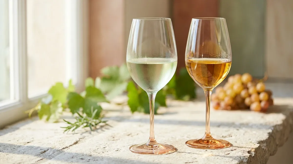 Two glasses of white wine side by side on a stone ledge — one pale and lean, one deep gold and rich — showing the same grape in two climates