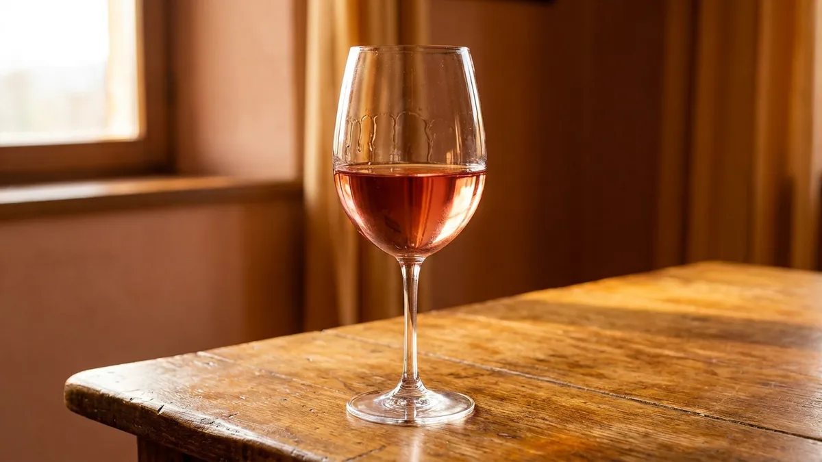 Close-up of a half-filled wine glass showing pale ruby-red liquid with a bright rim, swirled to reveal legs on the glass