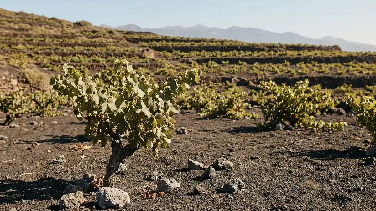 A vineyard on a sun-baked volcanic slope with sparse green vines and dark mineral soil under a clear sky