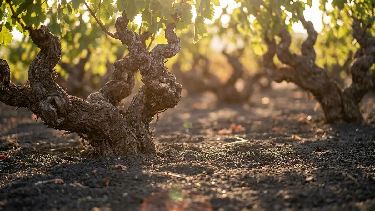 Old gnarled grapevines with thick twisted trunks growing in dark volcanic soil, dappled afternoon light