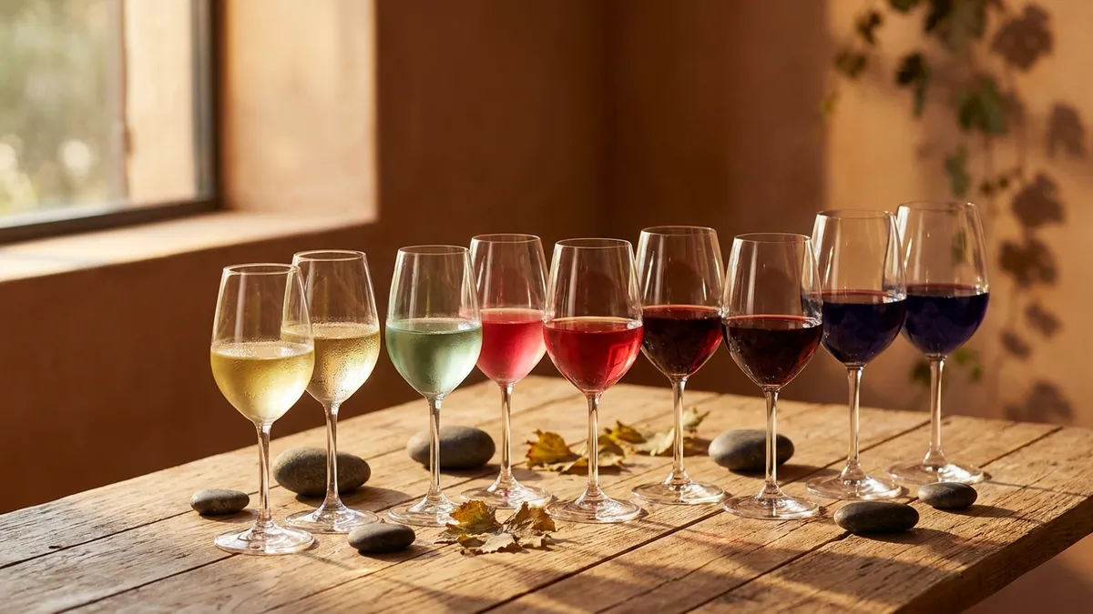 An array of ten wine glasses on a sunlit wooden table, ranging from pale lemon-gold whites to deep violet reds, representing emerging grape varieties