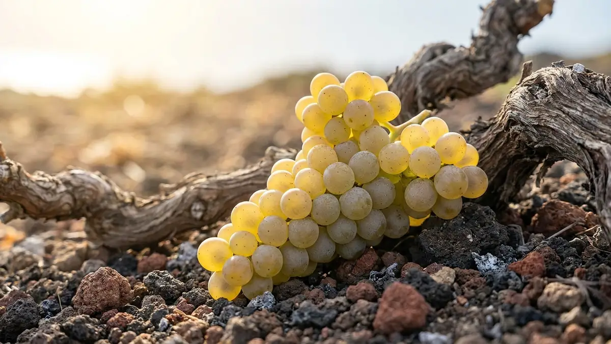 Cluster of pale-skinned Assyrtiko grapes ripening on a low basket-trained vine in dark volcanic soil under bright Aegean light
