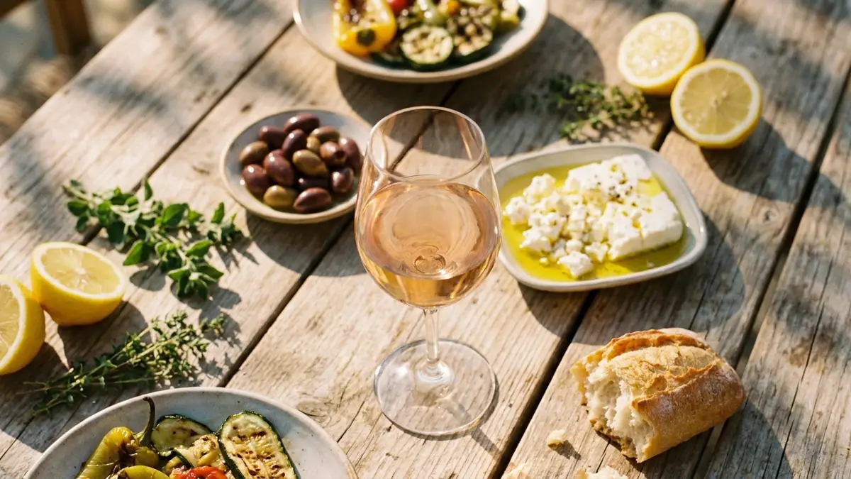 Pale, faintly pink Moschofilero white wine in a glass on a sunlit table with Greek meze, lemon, and herbs