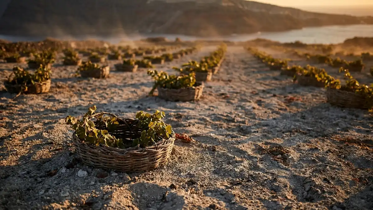 Terraced Santorini vineyard at sunset showing low circular kouloura basket-trained vines in pale volcanic soil with the caldera beyond