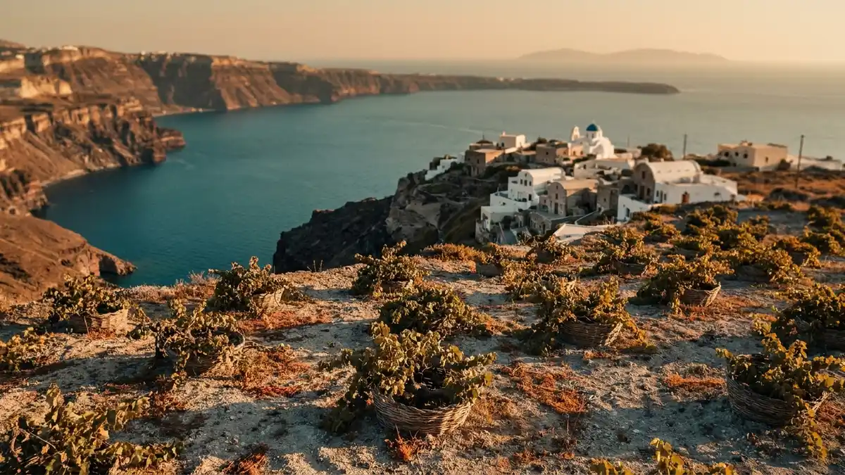 Whitewashed Santorini village above terraced volcanic vineyards with the caldera and Aegean Sea in the distance at golden hour