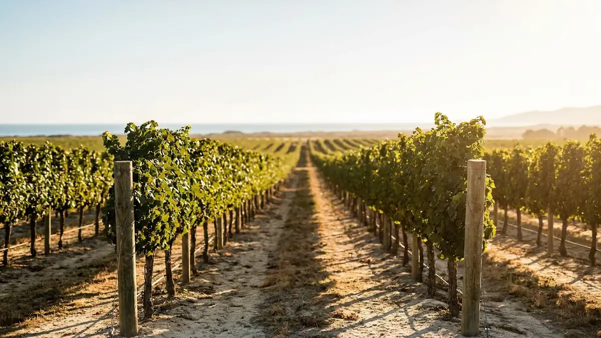 Rows of vines running toward a bright ocean horizon on a flat river plain in Hawke's Bay under a wide sky