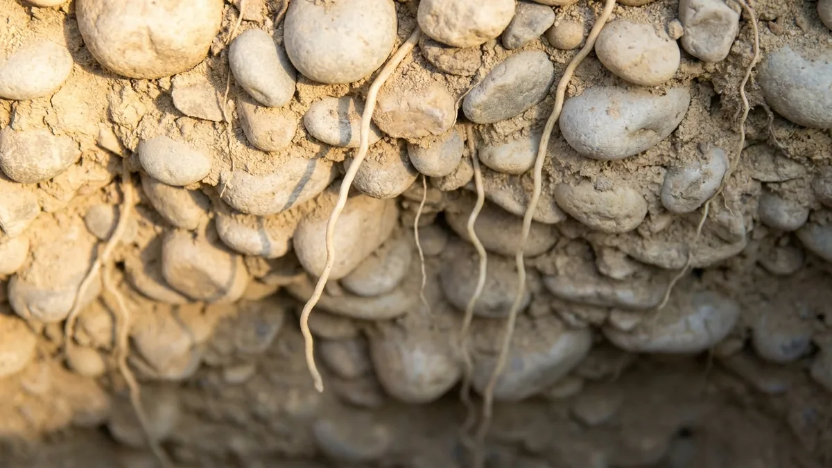 Close-up cross section of stony, free-draining river gravel soil with pale roots visible between the rounded stones