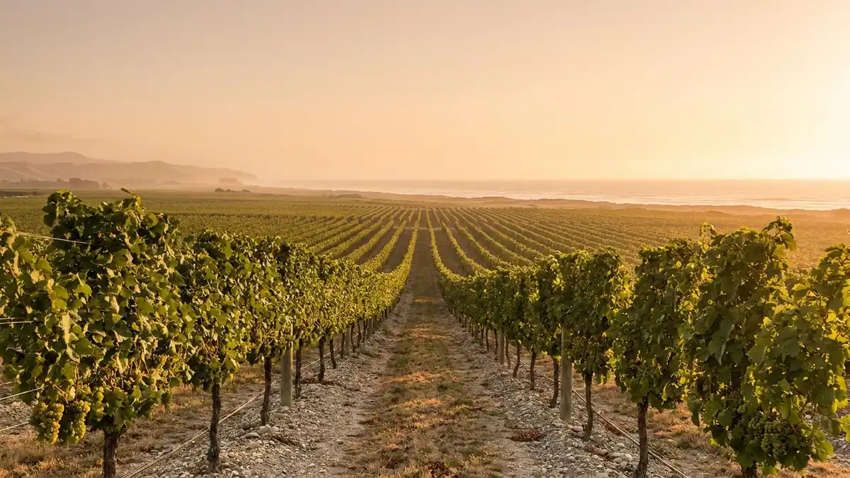 Rows of vines in Hawke's Bay running toward a bright coastal horizon under warm afternoon sun