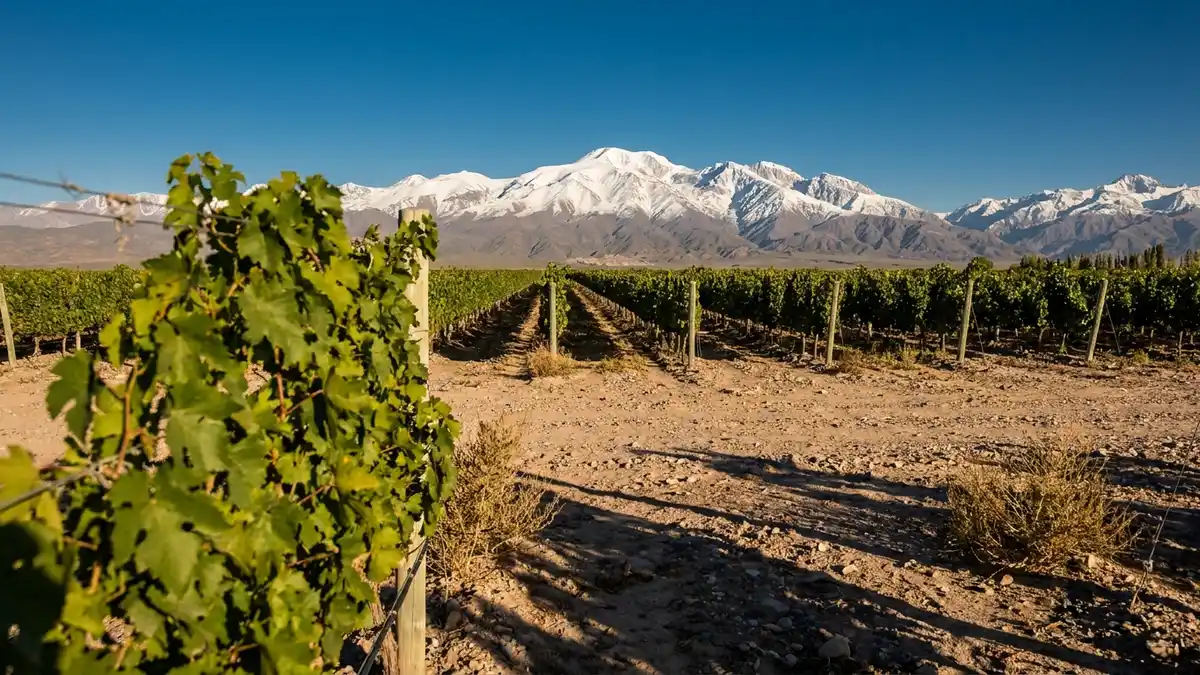 High desert vineyard rows on stony ground stretching toward the snow-capped Andes under a clear blue sky