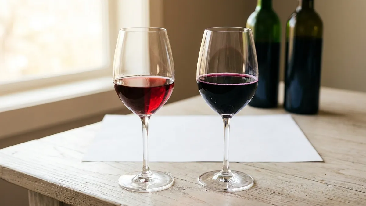 Two glasses of red wine side by side in front of white paper, the left a lighter ruby and the right a deep purple with a violet rim