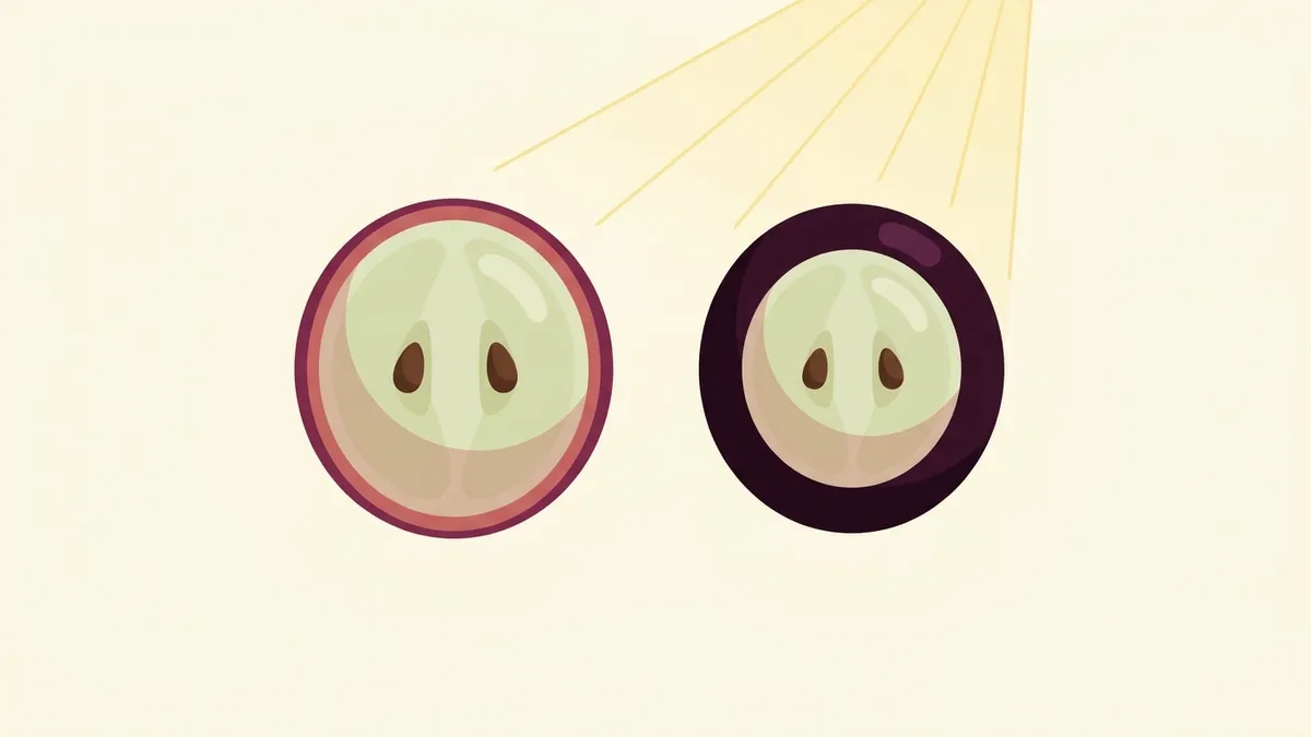 Illustration of two halved red grapes, the left with a thin purple skin and the right with a thicker, near-black skin under sun rays