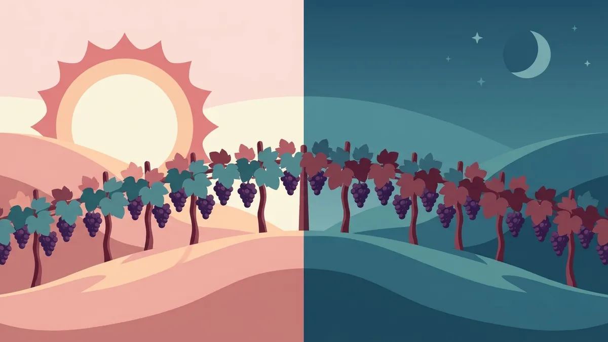 Illustration of one vine row split down the middle, hot sunny day on the left and a cold moonlit night on the right