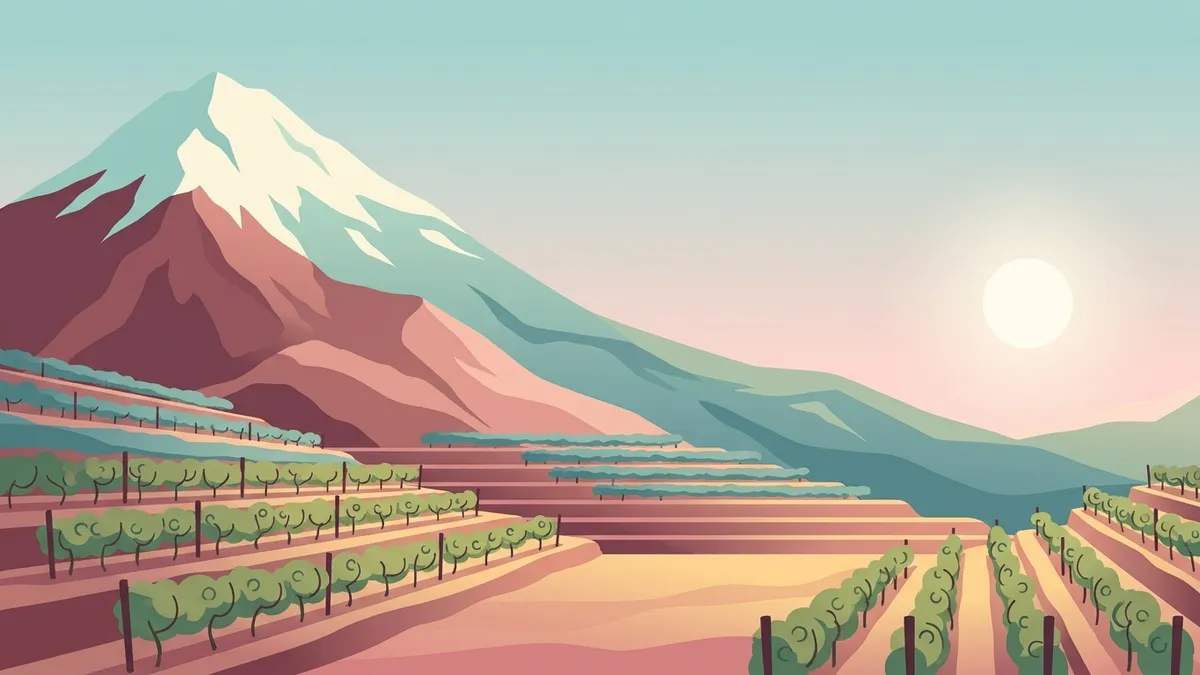 Illustration of grapevine terraces climbing a dry mountain slope toward a snow-capped peak, warm light below and cooler tones higher up