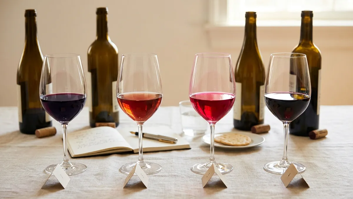 Four identical wine glasses in a row on a pale tablecloth with four different wines of the same style