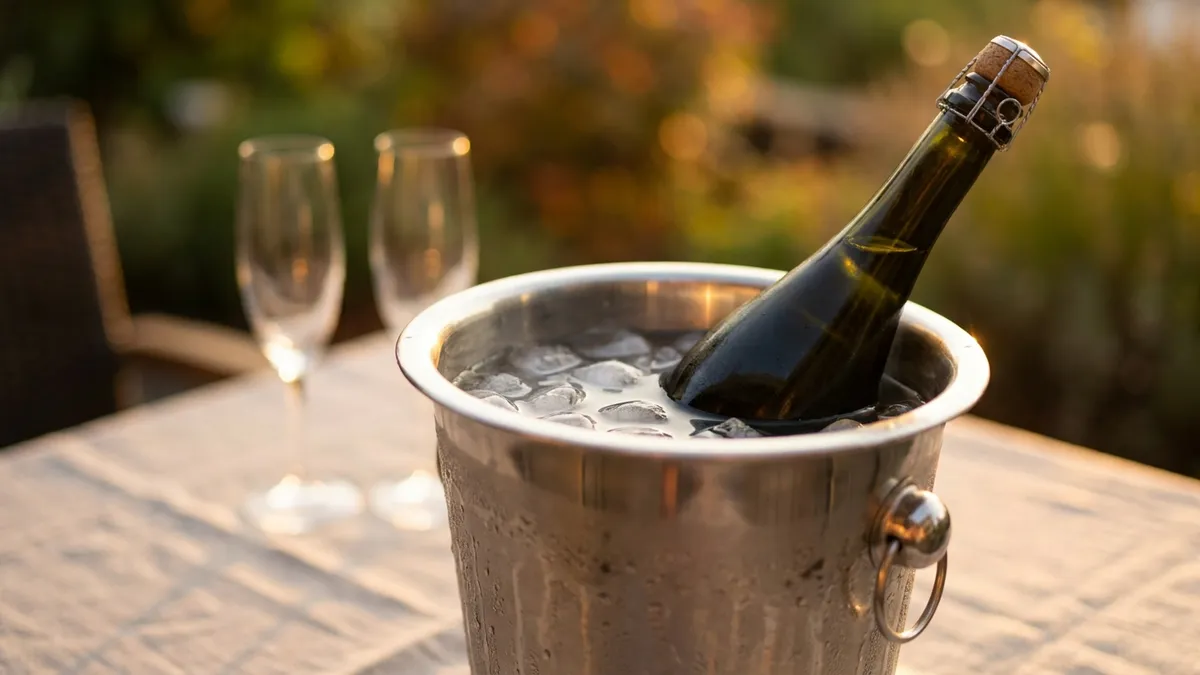 A sparkling wine bottle standing deep in a champagne bucket of ice and water on a terrace table at golden hour