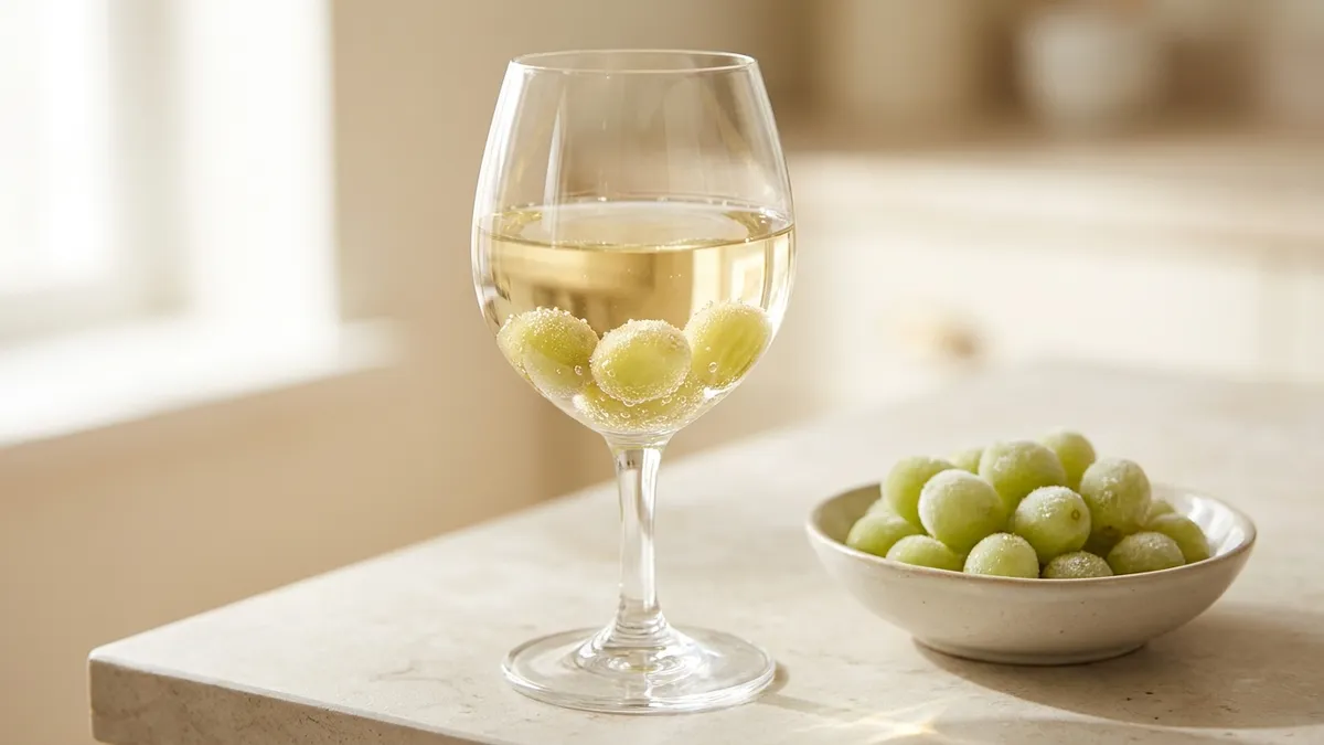 A glass of pale white wine with frosted frozen green grapes resting at the bottom, beside a small bowl of more frozen grapes