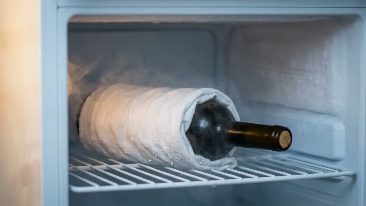 A wine bottle wrapped in a soaked white towel lying on a freezer shelf, droplets glistening on the cloth