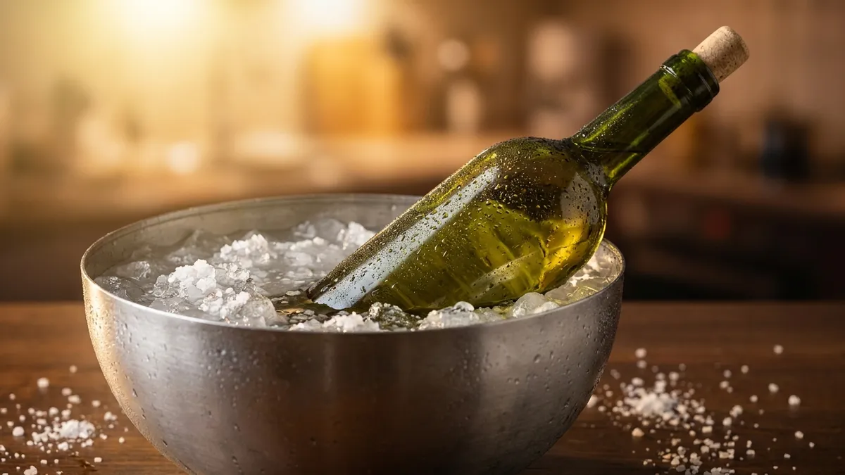 A white wine bottle sunk to its shoulders in a steel bowl of ice, water and coarse salt, beaded with condensation