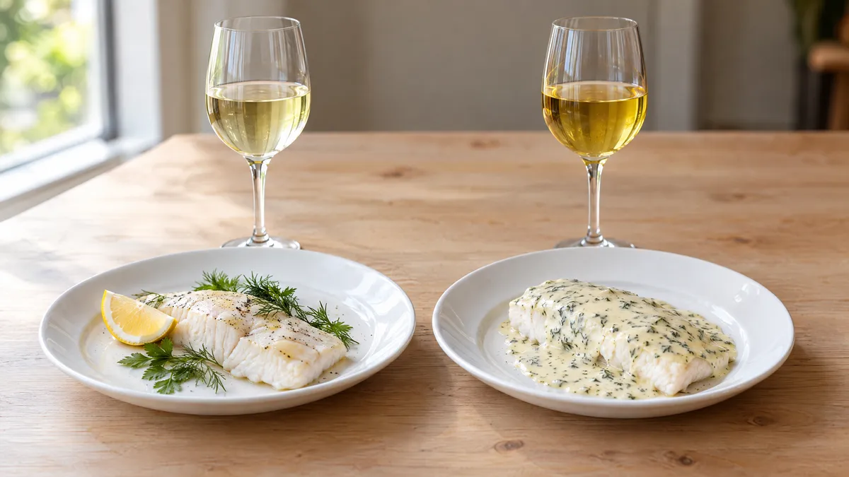 The same poached white fish served two ways, plain with lemon beside a pale white wine and under cream sauce beside a deeper golden white
