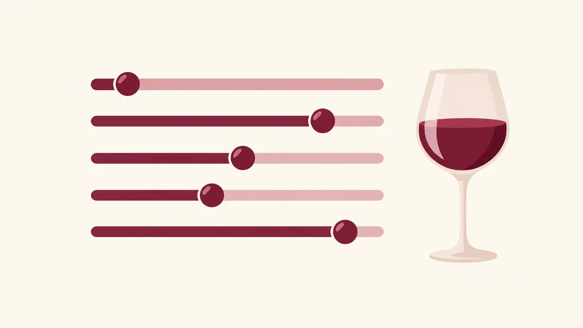 Five slider tracks with knobs at different positions beside a glass of red wine, a taste profile on five scales