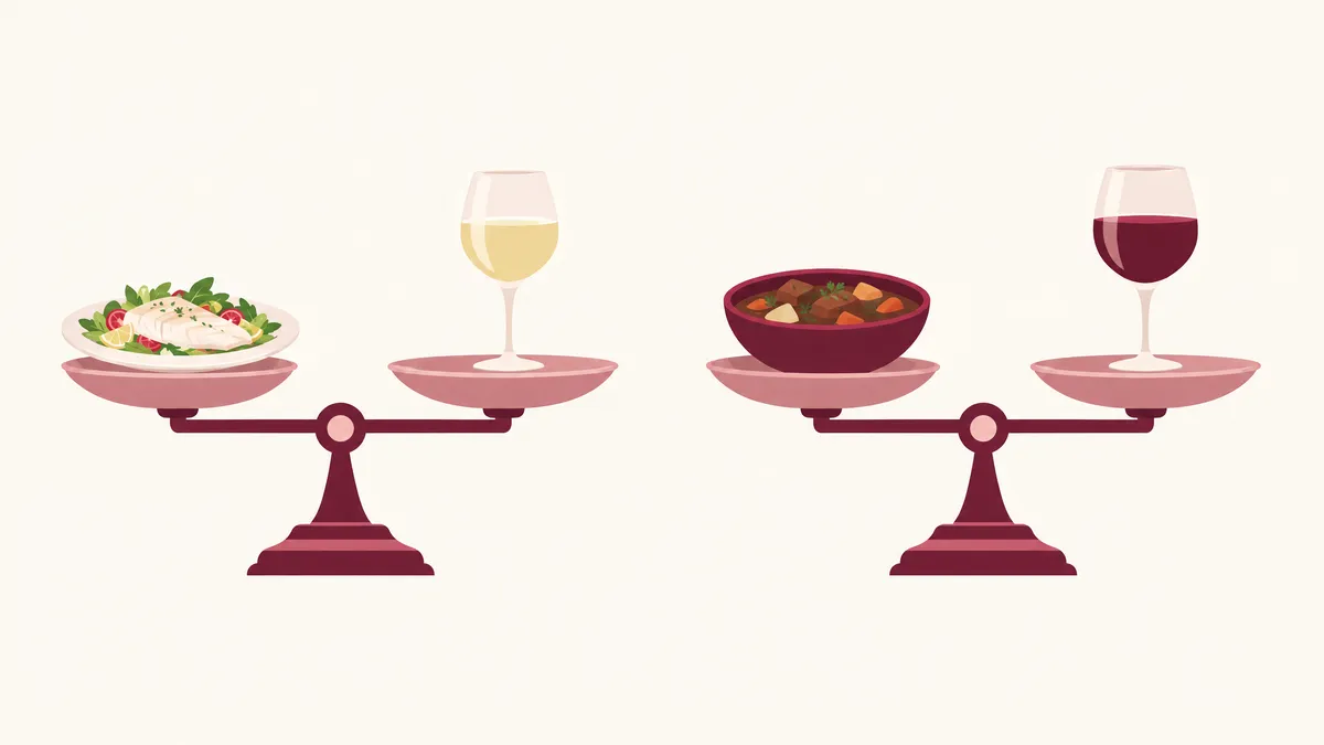 Two level balance scales, one holding a light salad against a glass of pale white wine, the other a hearty stew against a glass of deep red