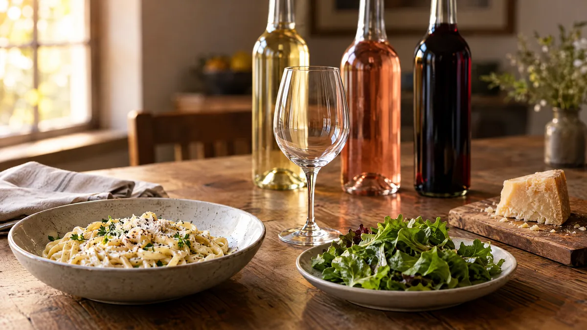A dinner table with creamy pasta, a green salad and hard cheese in front of plain bottles of white, rosé and red wine and one empty glass