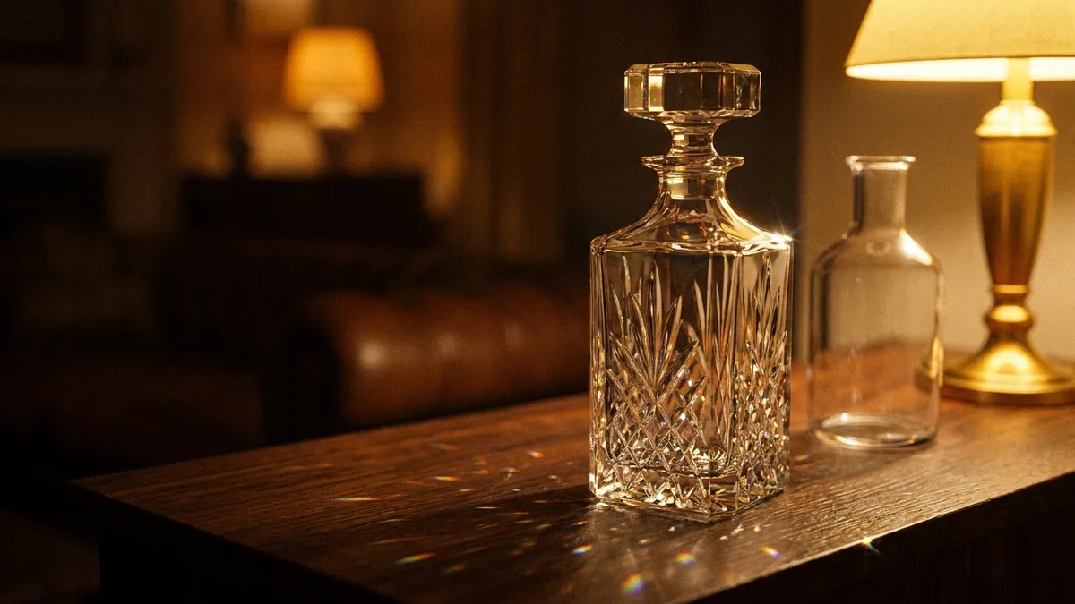 A heavy cut lead-crystal decanter with a faceted stopper beside a plain glass decanter on a dark sideboard under warm lamplight