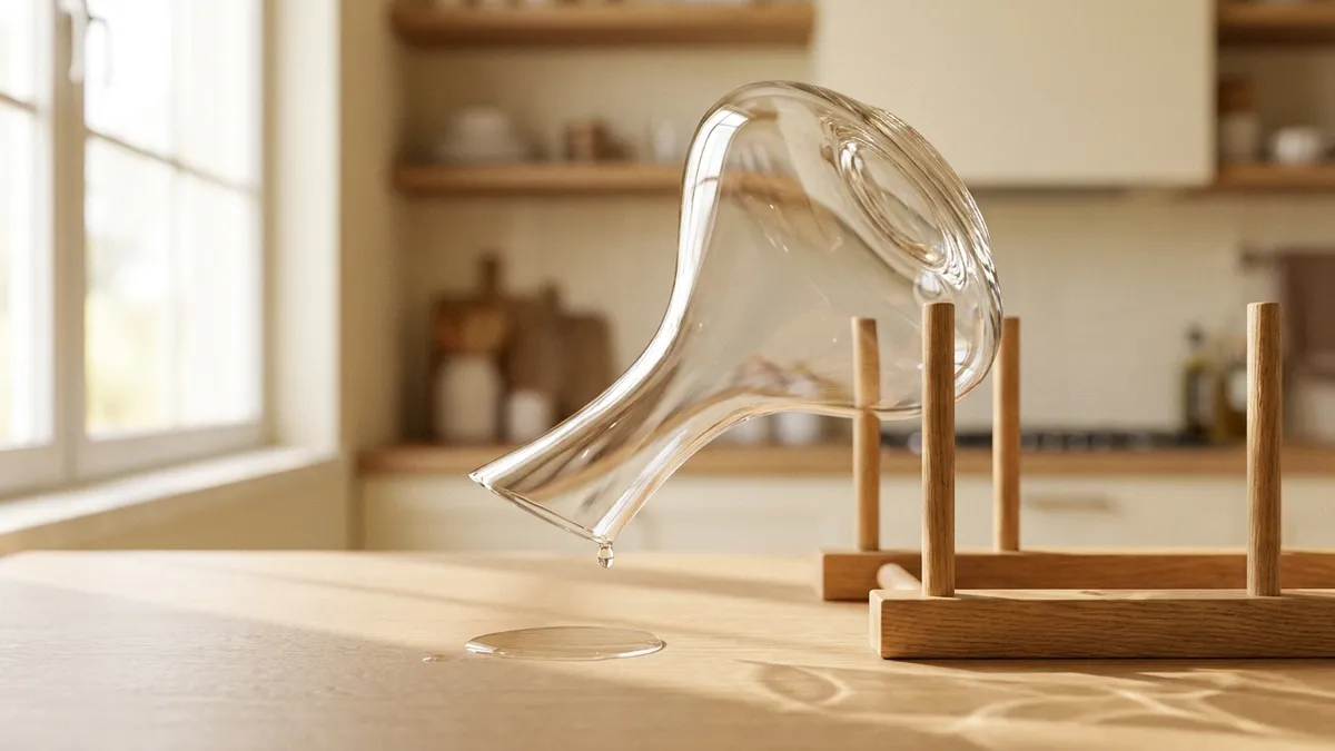 A clean glass wine decanter resting upside down on a wooden drying stand, a single water droplet falling from the rim