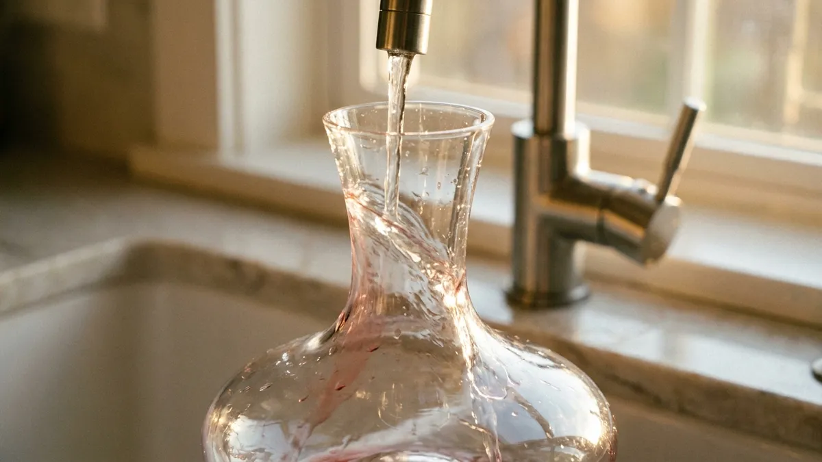 An empty glass wine decanter being rinsed under a running kitchen tap, the last blush of red wine running clear