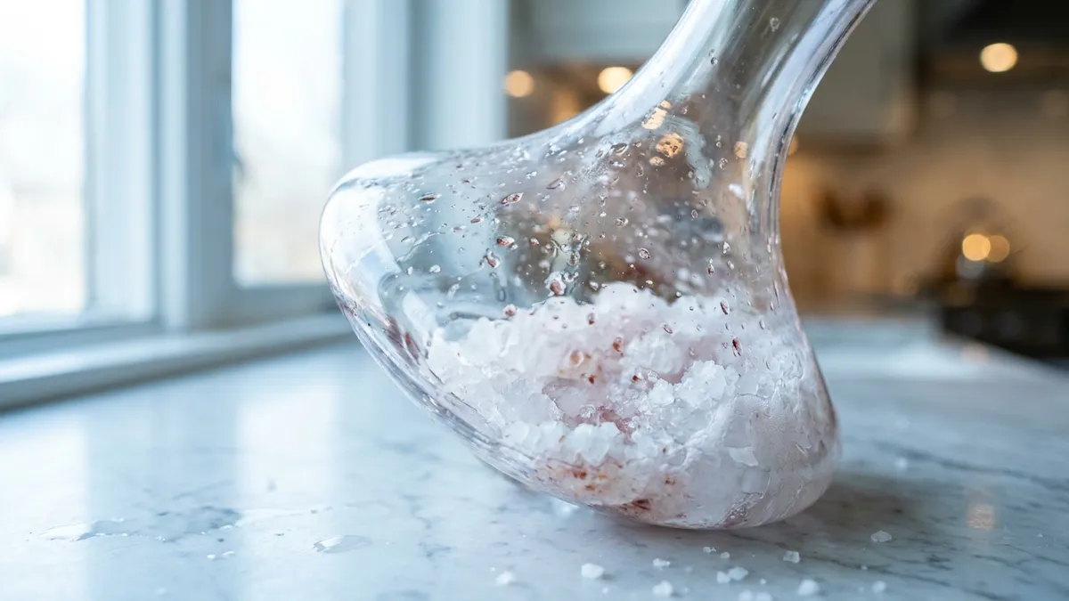 A clear glass wine decanter mid-swirl with crushed ice and coarse salt scrubbing the inside, flecks of loosened wine residue in the water