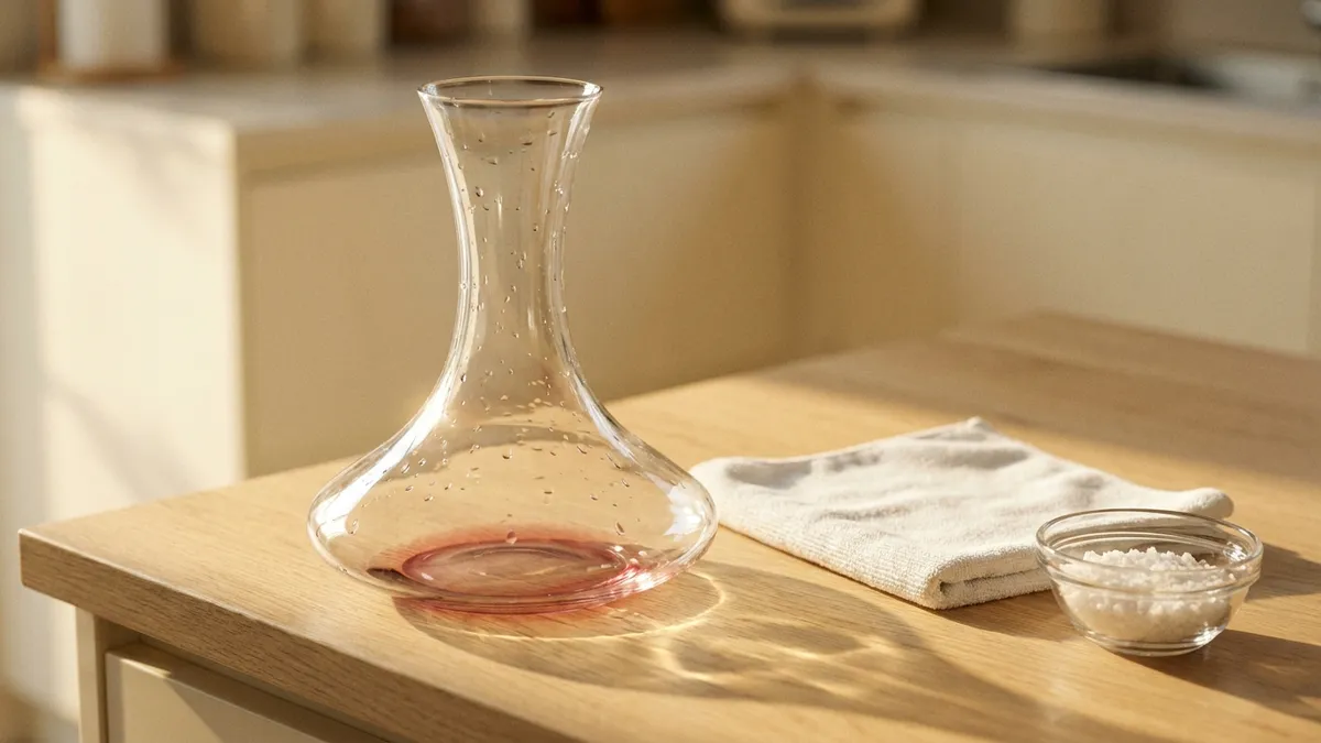 A clear glass wine decanter with a faint ring of red wine residue inside, beside a microfiber cloth and a bowl of coarse salt on a wooden counter