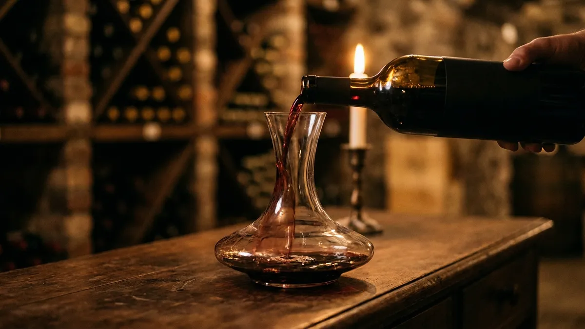 A crystal decanter on a wooden table with a candle behind the bottle neck and red wine being slowly poured to separate sediment