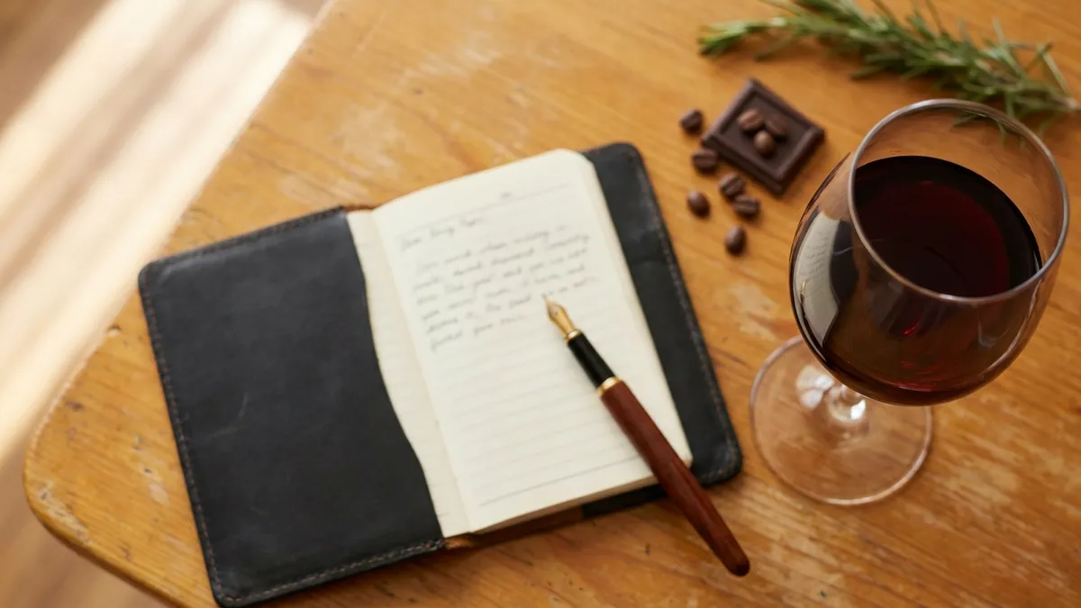 A small open notebook beside a glass of red wine, with a pen resting on the page and soft natural light suggesting a tasting note being written