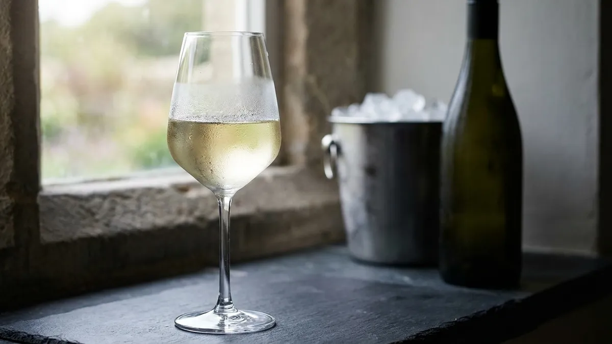 A stemmed glass of cold white wine fogged with condensation on the bowl, with a dry stem and an ice bucket behind it