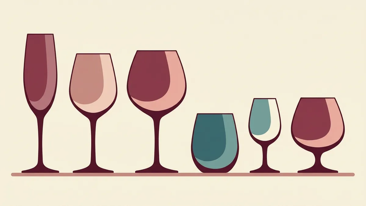 Six glass types in a row: a champagne flute, a white wine glass, a large red wine glass, a stemless tumbler, a small tasting glass and a brandy snifter