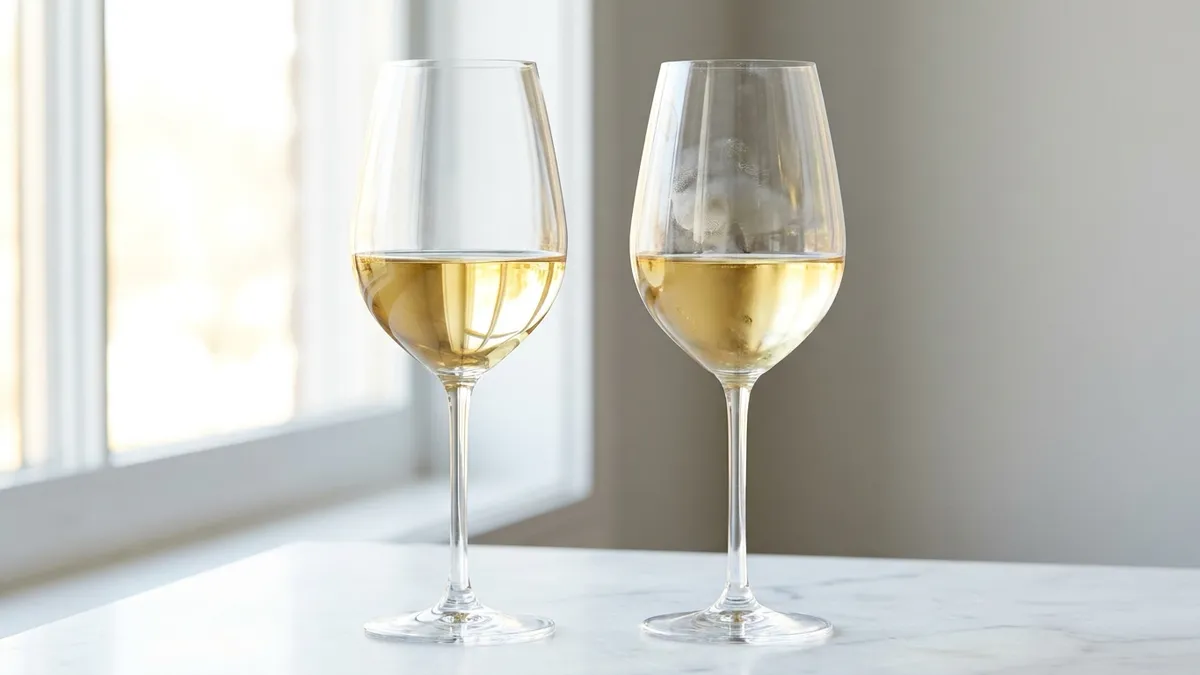 Two glasses of golden white wine lit from behind, one bowl clean and clear, the other clouded by fingerprint smudges