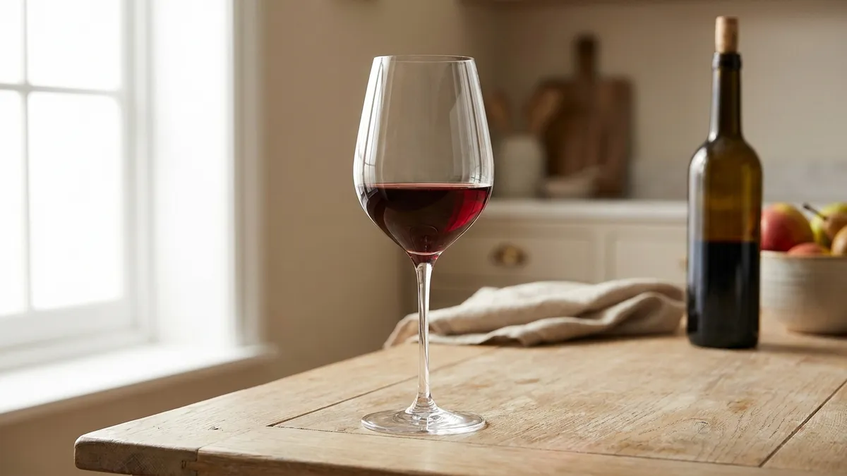 A stemmed glass of red wine on an oak table, shot low so the stem and round foot stand out under a clean bowl