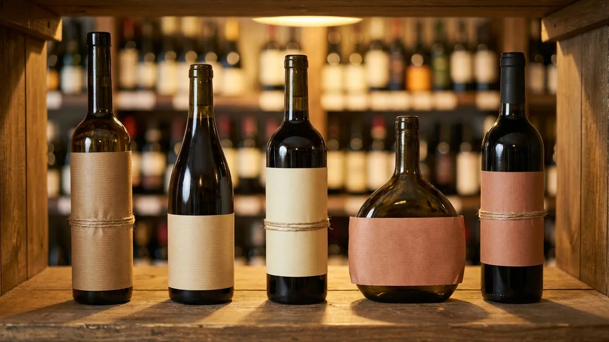 Close-up of several wine bottles with different label styles — French chateau, Italian DOCG, German Riesling, and a New World varietal label — arranged on a wooden table