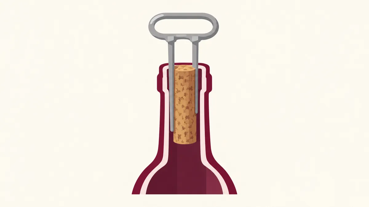 Cutaway diagram of a two-prong cork puller with its thin blades slid down between an old cork and the inside of a wine bottle neck