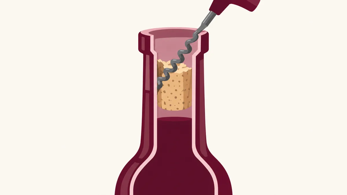 Cutaway diagram of a wine bottle neck with a broken cork stub inside and a corkscrew worm entering it at a 45-degree slant against the side of the glass