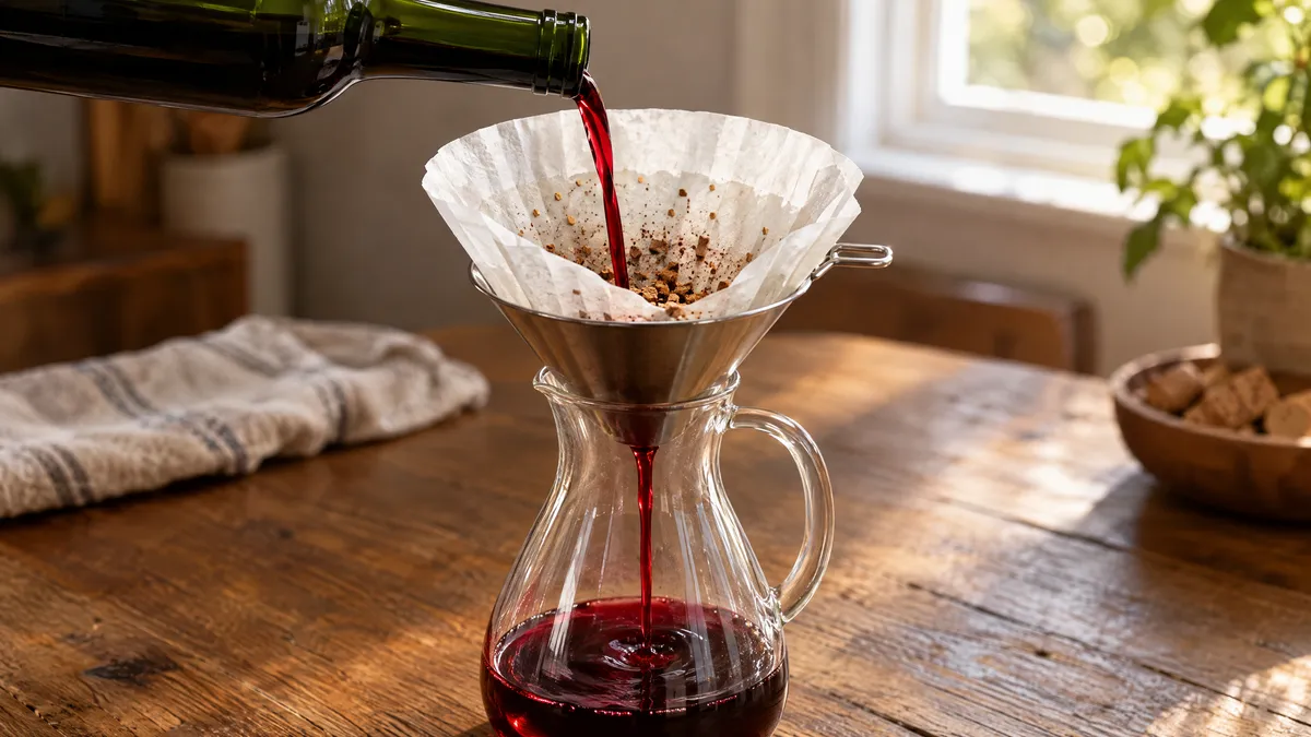 Red wine poured through a paper coffee filter in a funnel into a glass carafe, with small cork crumbs caught on the wet filter