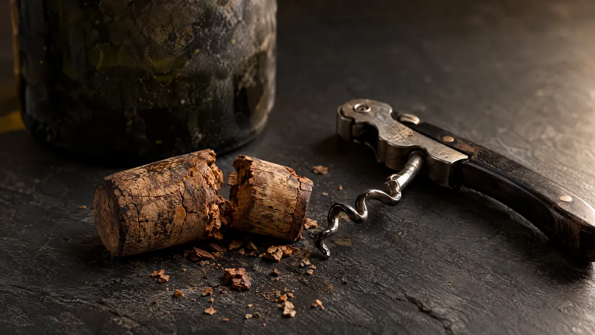 An old dry wine cork split into crumbling pieces beside a corkscrew with a visibly bent worm on a dark slate surface
