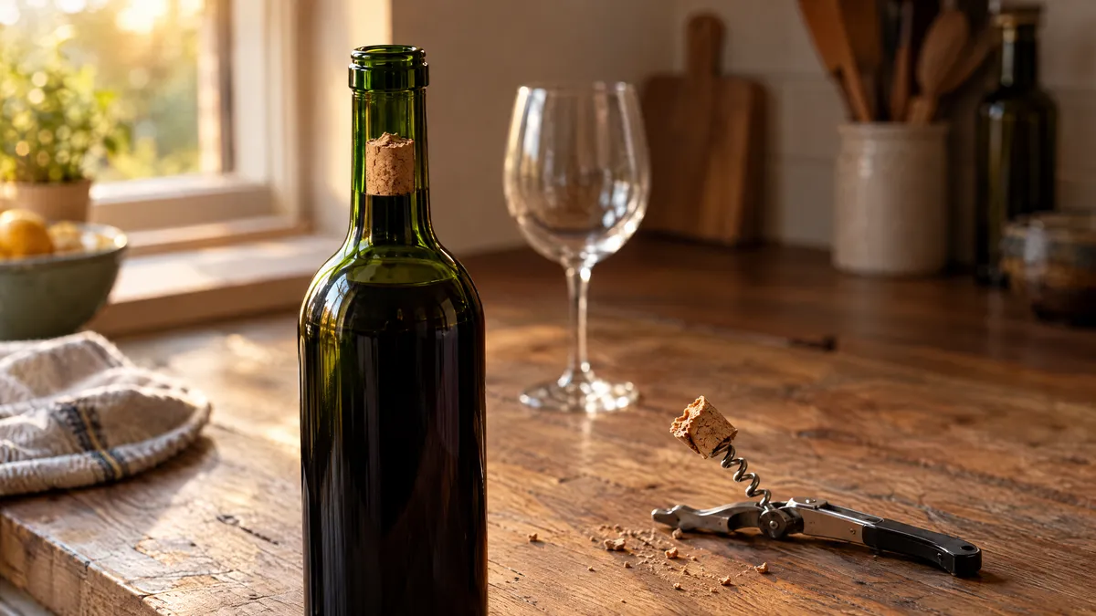 A green wine bottle with half a broken cork stuck in its neck, the torn top half still on a corkscrew beside it on an oak counter