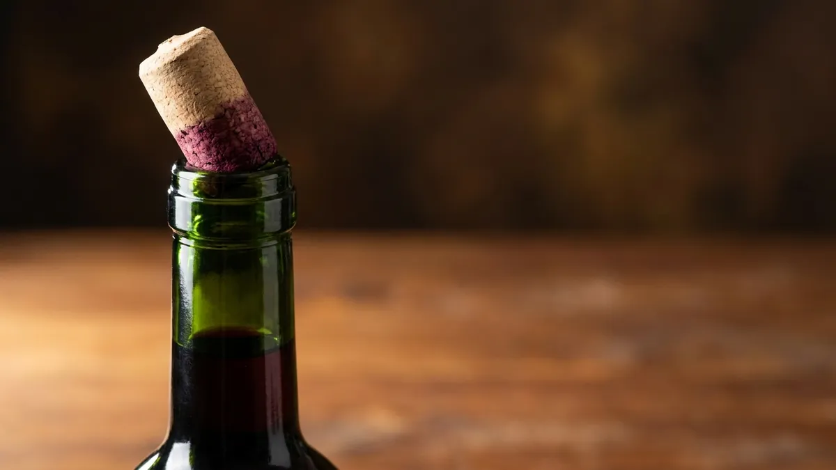 A wine-stained natural cork resting at an angle in the neck of an upright bottle of red wine on a walnut counter