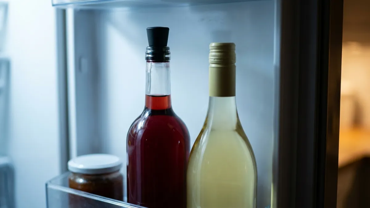 Two resealed wine bottles, one red and one white, standing upright in a refrigerator door shelf